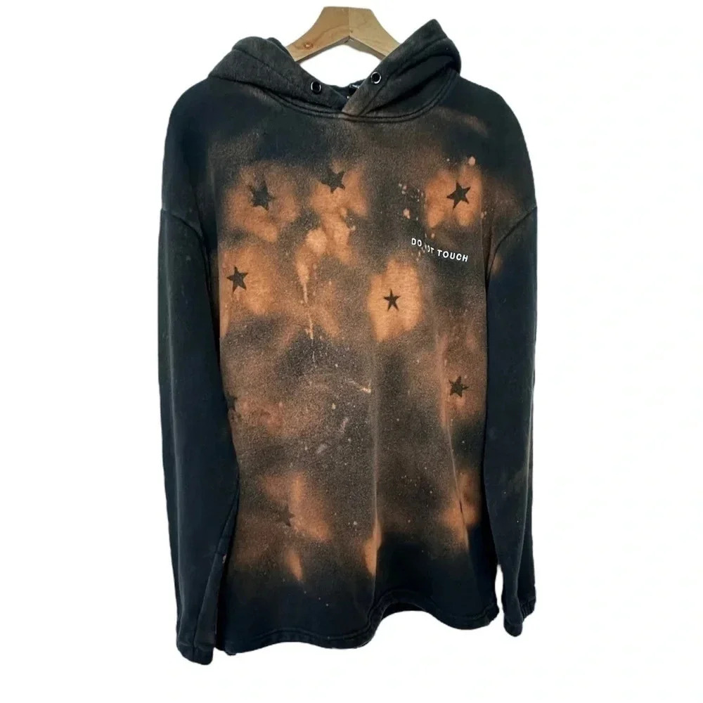 Forever 21 Hoodie Large Black Bleach Wash Star Graphic Do Not Touch Streetwear